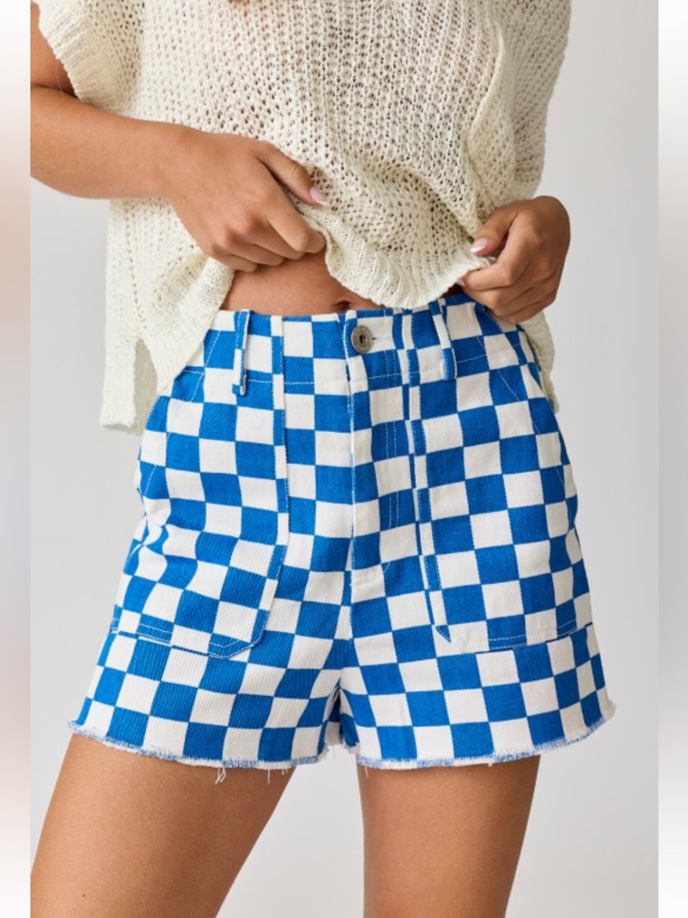 647. Blue “Colleen” checkered high rise denim shorts